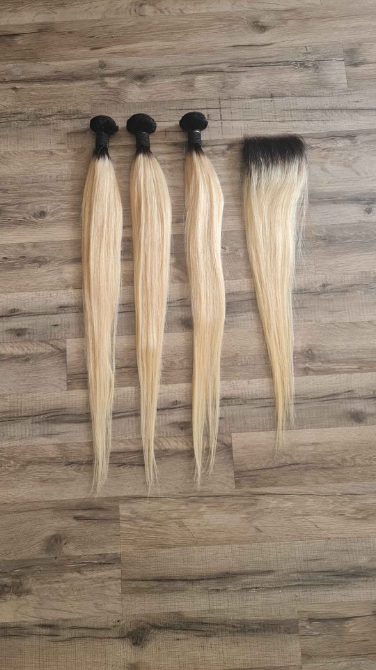 Set 3 Bundles + 4x4 Closure Echthaar 10"-30" (25cm-75cm) Glatt Color1b/613Diosa Extensions Haarverlängerungen
