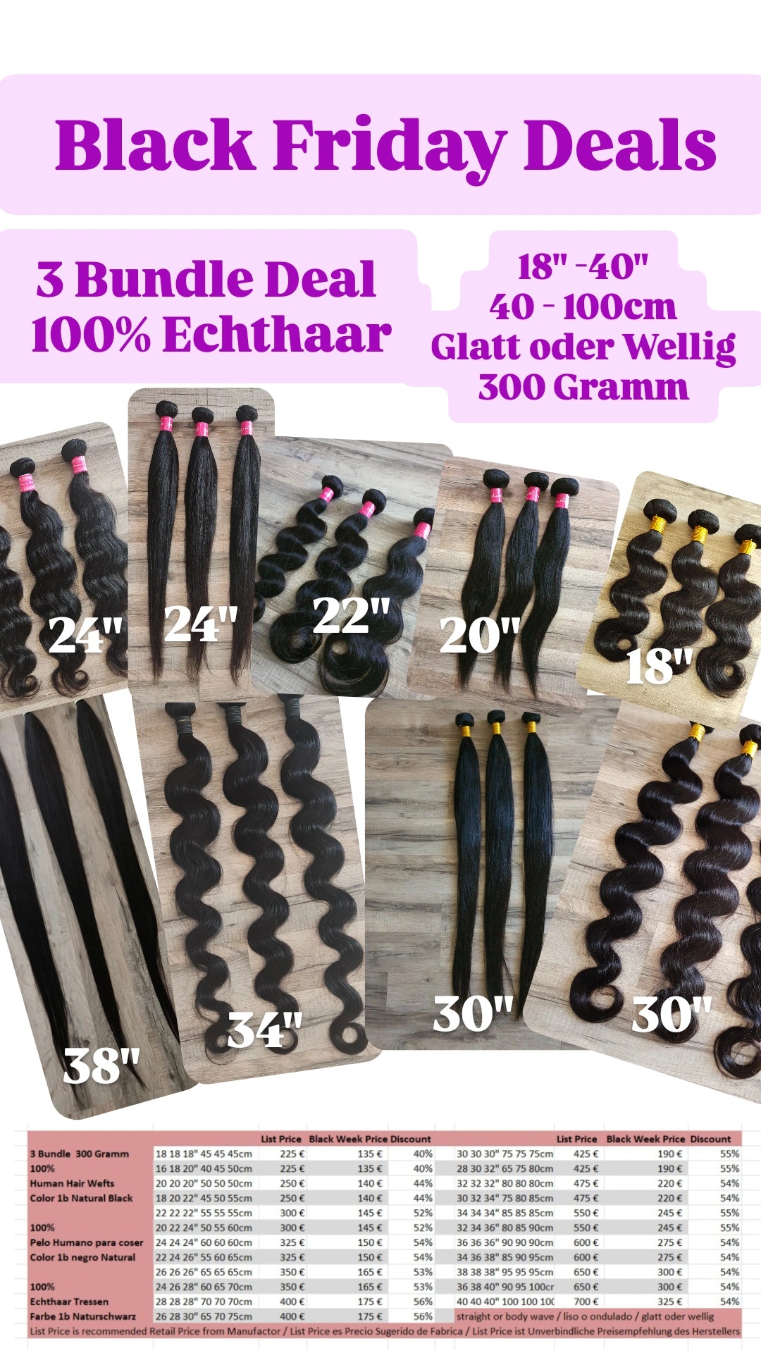 BLACK WEEK ANGEBOT 3 Bundles Haarverlängerung Echthaar glatt & wellig 18 - 40 Zoll (45-100cm)