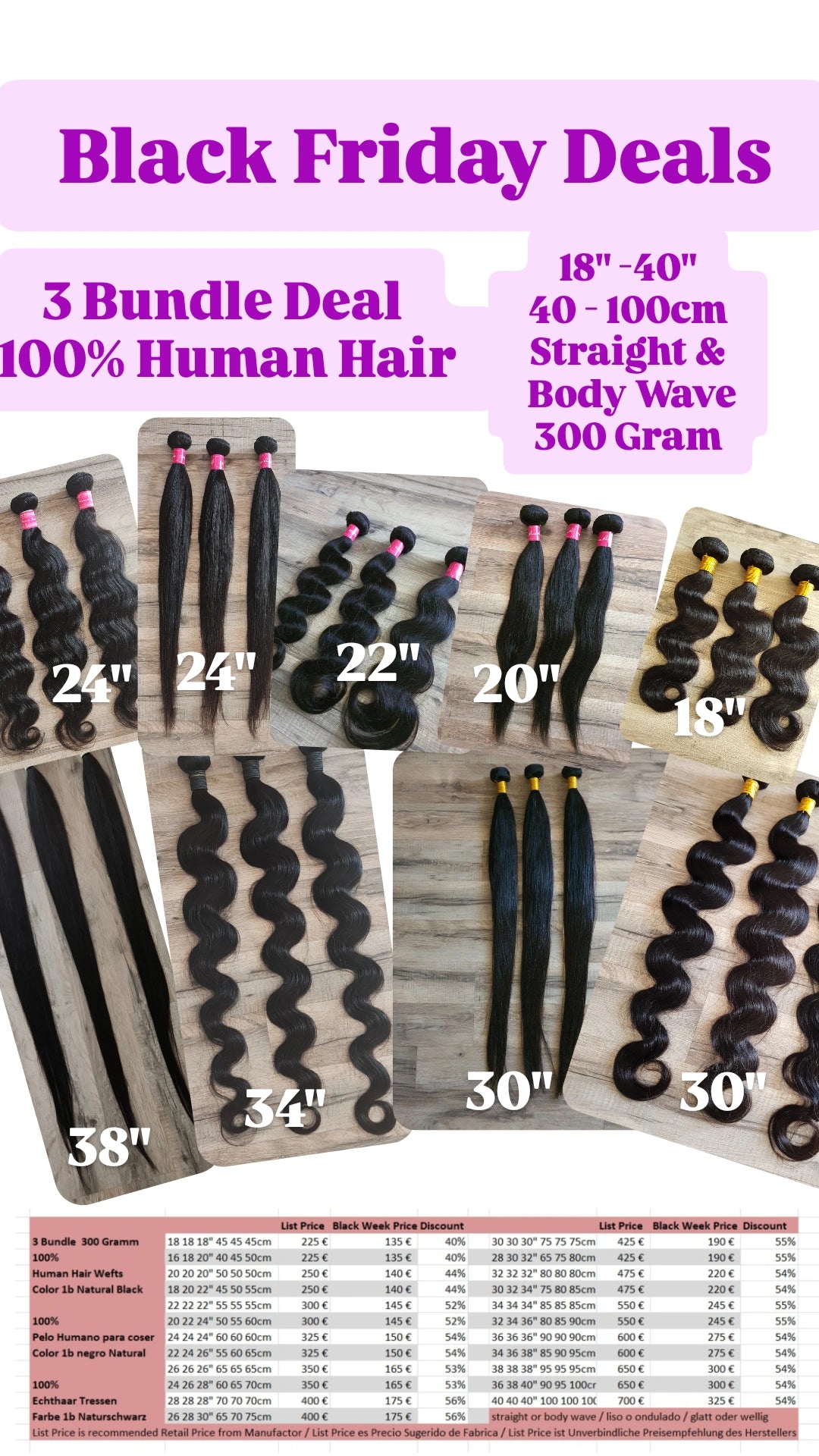 BLACK WEEK ANGEBOT 3 Bundles Haarverlängerung Echthaar glatt & wellig 18 - 40 Zoll (45-100cm)