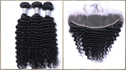 3 Bundles Hair Extensions + 13x4 Frontal 100% Human Hair from 10" (25cm) to 40" (100cm) Deep WaveDiosa Extensions Haarverlängerungen