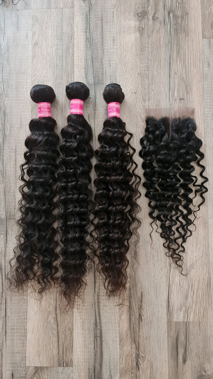3 Bundles Hair Extensions + 4x4 Closure 100% Human Hair from 10" (25cm) to 40" (100cm) Deep WaveDiosa Extensions Haarverlängerungen
