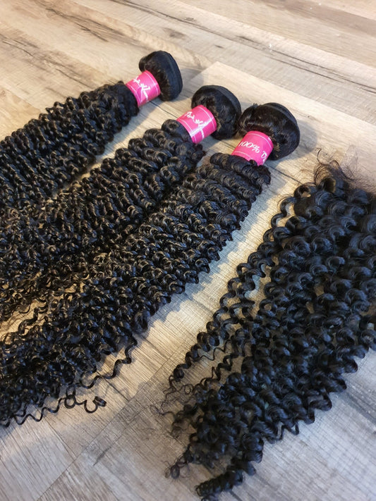 3 Bundles Hair Extensions + 4x4 Closure 100% Human Hair from 10" (25cm) to 40" (100cm) Kinky CurlyDiosa Extensions Haarverlängerungen