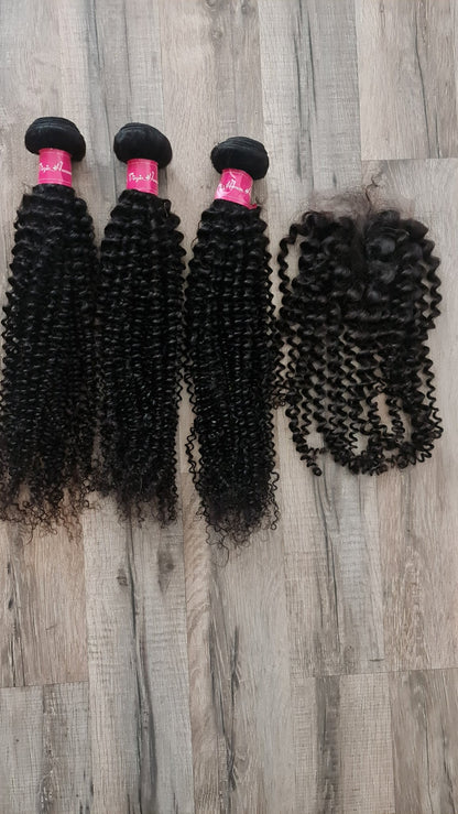 3 Bundles Hair Extensions + 4x4 Closure 100% Human Hair from 10" (25cm) to 40" (100cm) Kinky CurlyDiosa Extensions Haarverlängerungen