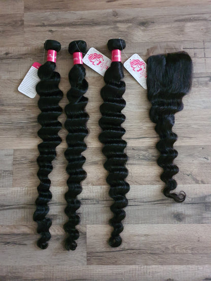 3 Bundles Hair Extensions + 4x4 Closure 100% Human Hair from 10" (25cm) to 40" (100cm) Loose Deep WaveDiosa Extensions Haarverlängerungen