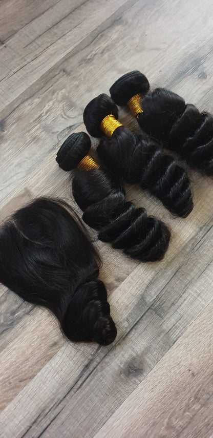 3 Bundles Hair Extensions + 4x4 Closure 100% Human Hair from 10" (25cm) to 40" (100cm) Loose WaveDiosa Extensions Haarverlängerungen