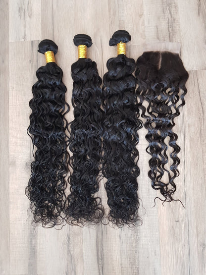 3 Bundles Hair Extensions + 4x4 Closure 100% Human Hair from 10" (25cm) to 40" (100cm) Natural Wave ( Water Wave)Diosa Extensions Haarverlängerungen