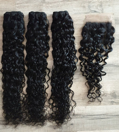 3 Bundles Hair Extensions + 4x4 Closure 100% Human Hair from 10" (25cm) to 40" (100cm) Natural Wave ( Water Wave)Diosa Extensions Haarverlängerungen