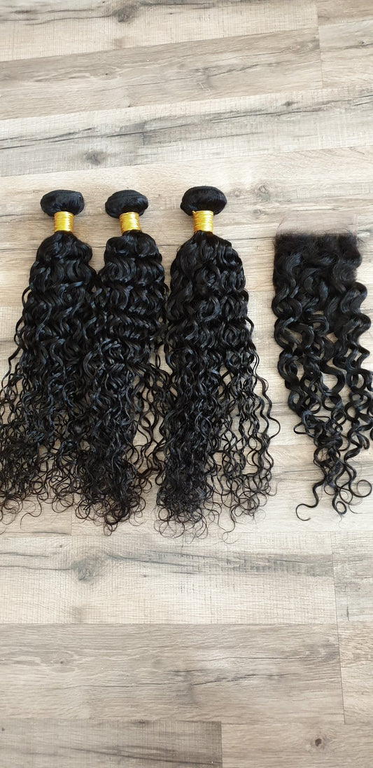 3 Bundles Hair Extensions + 4x4 Closure 100% Human Hair from 10" (25cm) to 40" (100cm) Natural Wave ( Water Wave)Diosa Extensions Haarverlängerungen