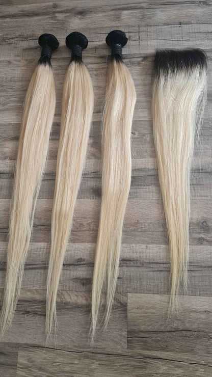 Set 3 Bundles + 4x4 Closure Echthaar 10"-30" (25cm-75cm) Glatt Color1b/613Diosa Extensions Haarverlängerungen