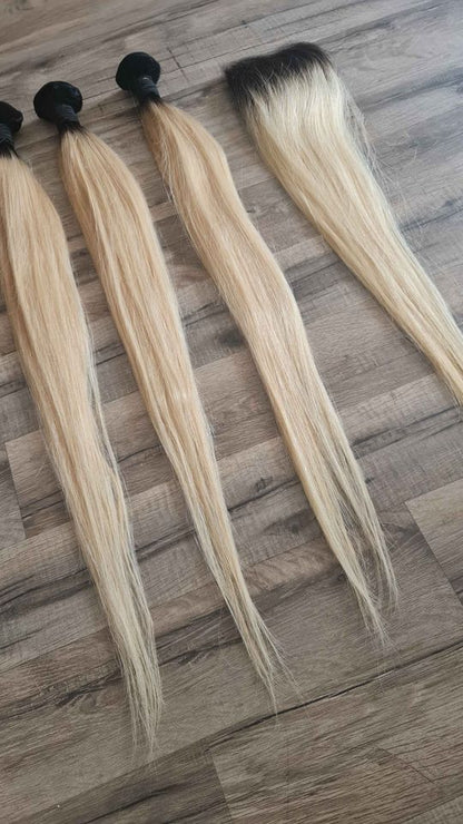 Set 3 Bundles + 4x4 Closure Echthaar 10"-30" (25cm-75cm) Glatt Color1b/613Diosa Extensions Haarverlängerungen