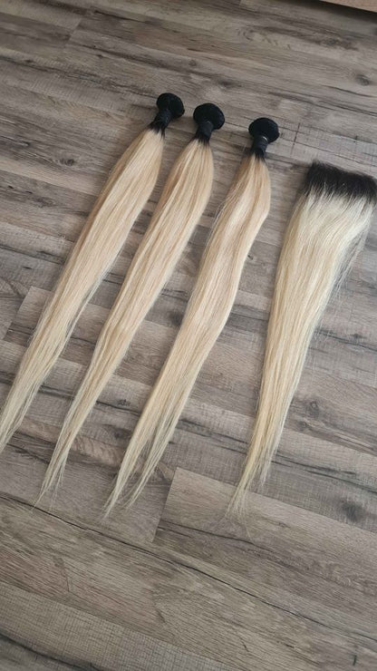 Set 3 Bundles + 4x4 Closure Echthaar 10"-30" (25cm-75cm) Glatt Color1b/613Diosa Extensions Haarverlängerungen