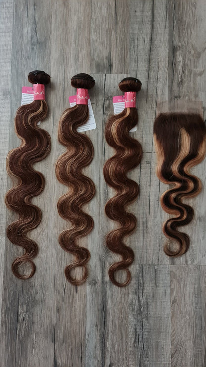 Set 3 Bundles + 4x4 Closure Echthaar 14"-26" (35cm-65cm) Body Wave Color P4/27Diosa Extensions Haarverlängerungen
