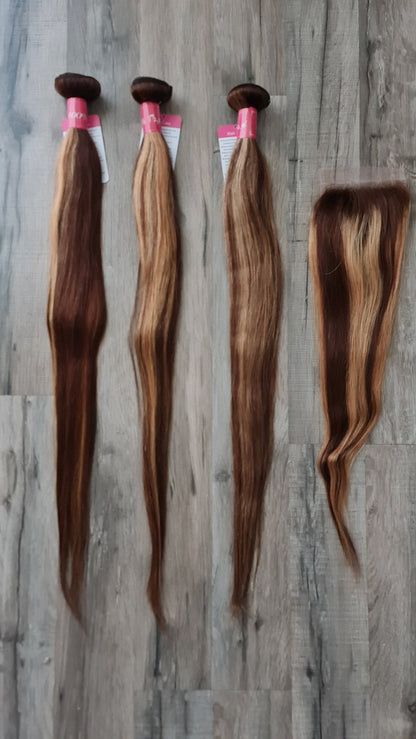 Set 3 Bundles + 4x4 Closure Echthaar 14"-26" (35cm-65cm) Glatt Color P4/27Diosa Extensions Haarverlängerungen