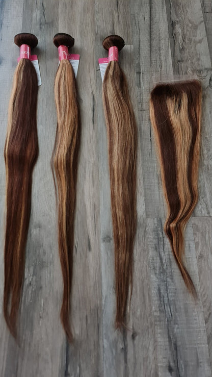 Set 3 Bundles + 4x4 Closure Echthaar 14"-26" (35cm-65cm) Glatt Color P4/27Diosa Extensions Haarverlängerungen