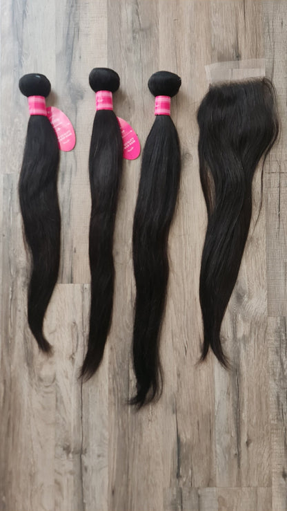 Set 3 Bundles Haarverlängerung Echthaar 20 22 24" (50 55 60cm) + 20" (50cm) 4x4 Closure glattDiosa Extensions Haarverlängerungen