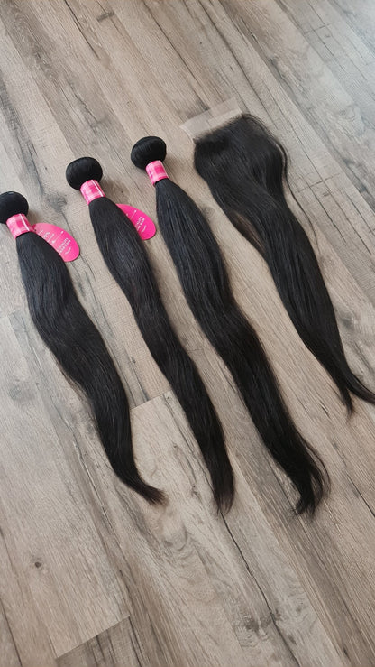 Set 3 Bundles Haarverlängerung Echthaar 20 22 24" (50 55 60cm) + 20" (50cm) 4x4 Closure glattDiosa Extensions Haarverlängerungen
