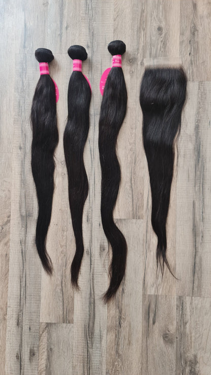 Set 3 Bundles Haarverlängerung Echthaar 26 28 30" (65 70 75cm) + 24" (60cm) 4x4 Closure glattDiosa Extensions Haarverlängerungen