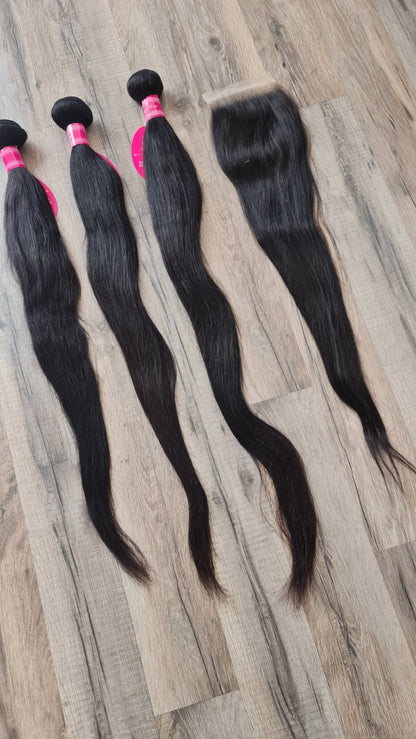Set 3 Bundles Haarverlängerung Echthaar 26 28 30" (65 70 75cm) + 24" (60cm) 4x4 Closure glattDiosa Extensions Haarverlängerungen