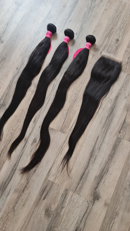 Set 3 Bundles Haarverlängerung Echthaar 26 28 30" (65 70 75cm) + 24" (60cm) 4x4 Closure glattDiosa Extensions Haarverlängerungen